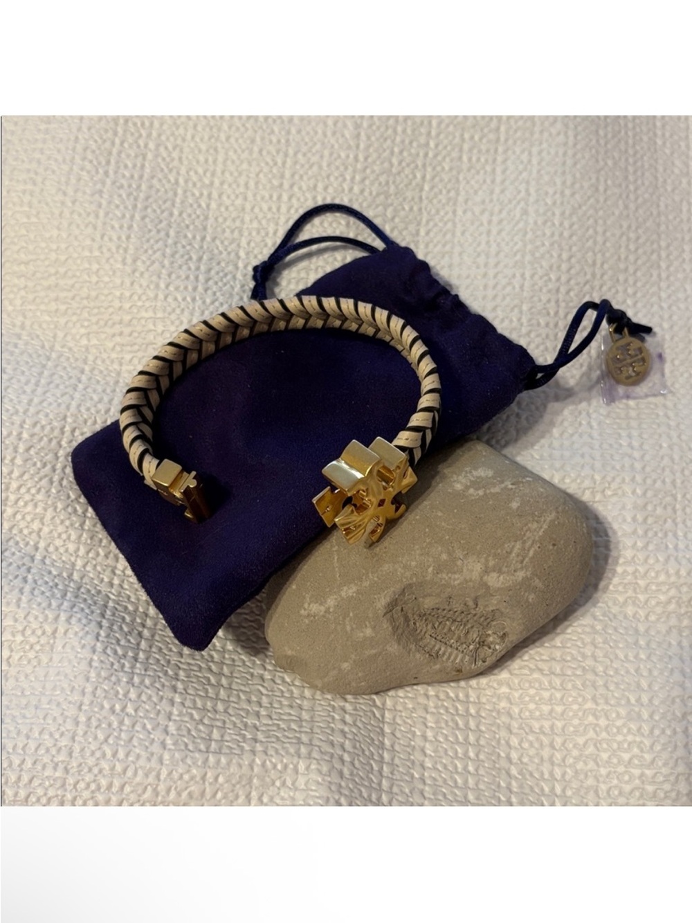 Tory Burch Cream & Black Braided Leather Bracelet with Gold Logo - Picture 2 of 5